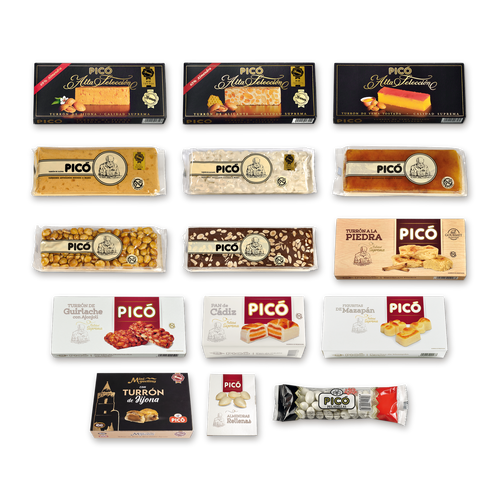 Pack Gran Gourmet de Picó: 15 productos, con los turrones Alta Selección de caja negra, los cinco Hecho a Mano, Turrón a la Piedra, Guirlache, Pan de Cádiz, Figuritas de Mazapán, Mini Miguelitos, Almendras Rellenas y Peladillas