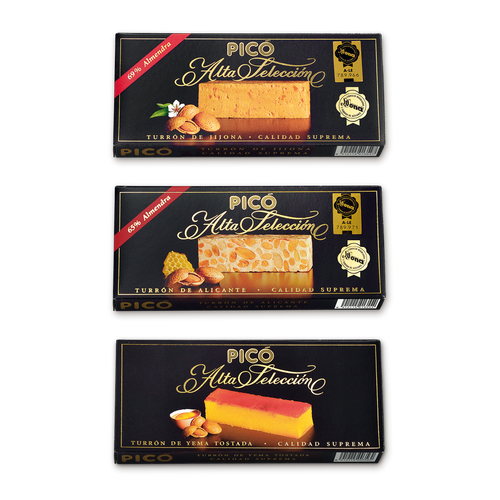 Pack Alta Selección de Picó: Turrón de Jijona, Turrón de Alicante y Turrón de Yema Tostada Alta Selección en su caja negra