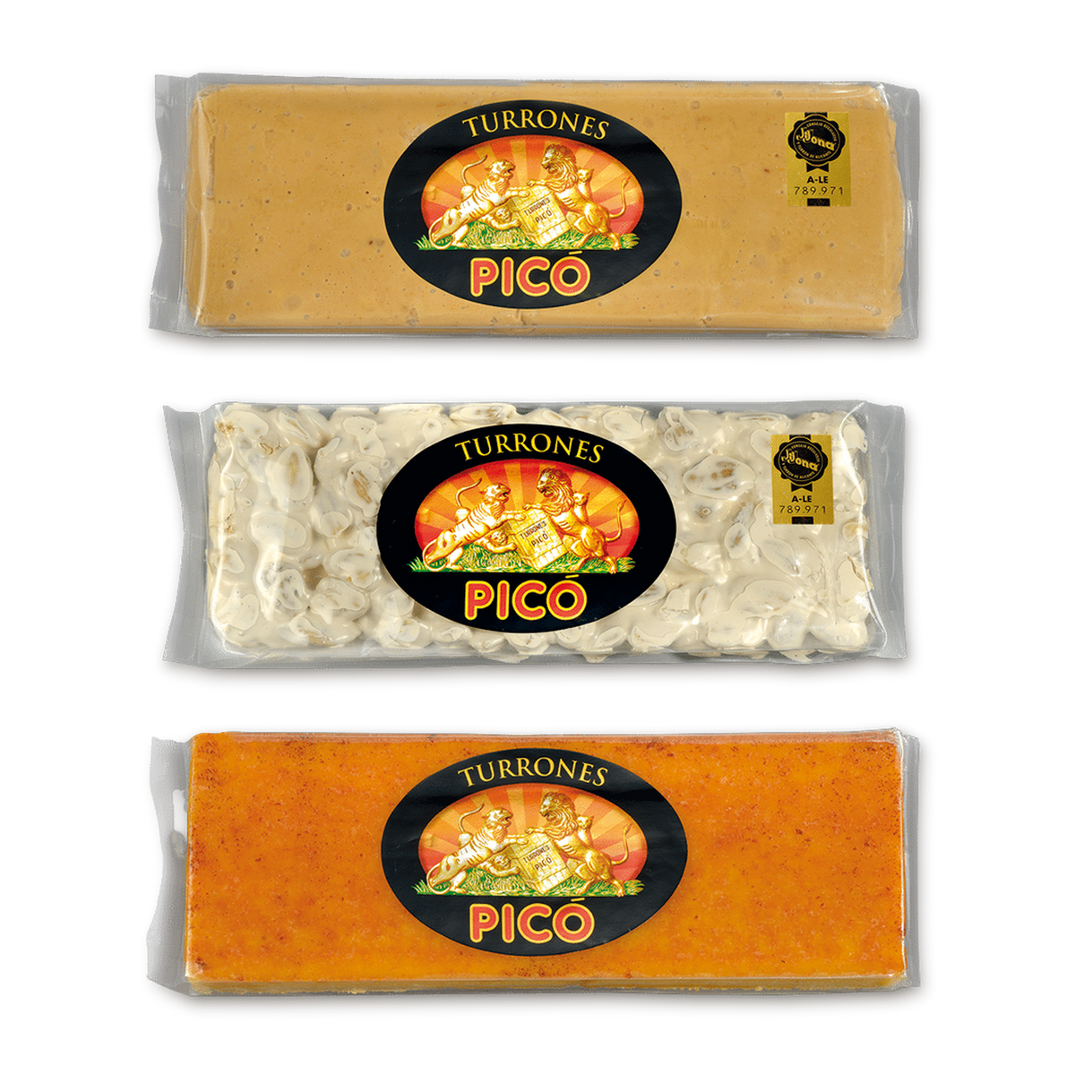Pack Familia 1,5 kg de Picó: barras de 500 g de Turrón de Jijona, Turrón de Alicante y Turrón de Yema Tostada Calidad Suprema
