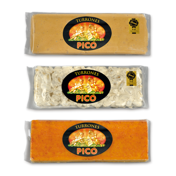 Pack Familia 1,5 kg de Picó: barras de 500 g de Turrón de Jijona, Turrón de Alicante y Turrón de Yema Tostada Calidad Suprema