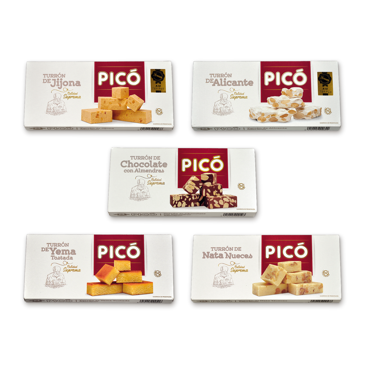 Pack Turrones Sin Gluten de Picó: Turrón de Jijona, Alicante, Chocolate con Almendras, Yema Tostada y Nata Nueces Calidad Suprema