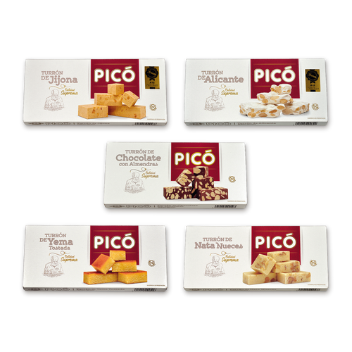 Pack Turrones Sin Gluten de Picó: Turrón de Jijona, Alicante, Chocolate con Almendras, Yema Tostada y Nata Nueces Calidad Suprema