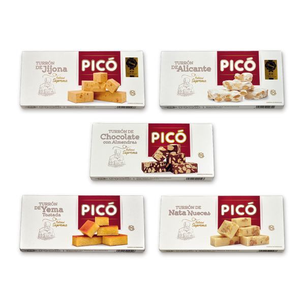 Pack Turrones Sin Gluten de Picó: Turrón de Jijona, Alicante, Chocolate con Almendras, Yema Tostada y Nata Nueces Calidad Suprema