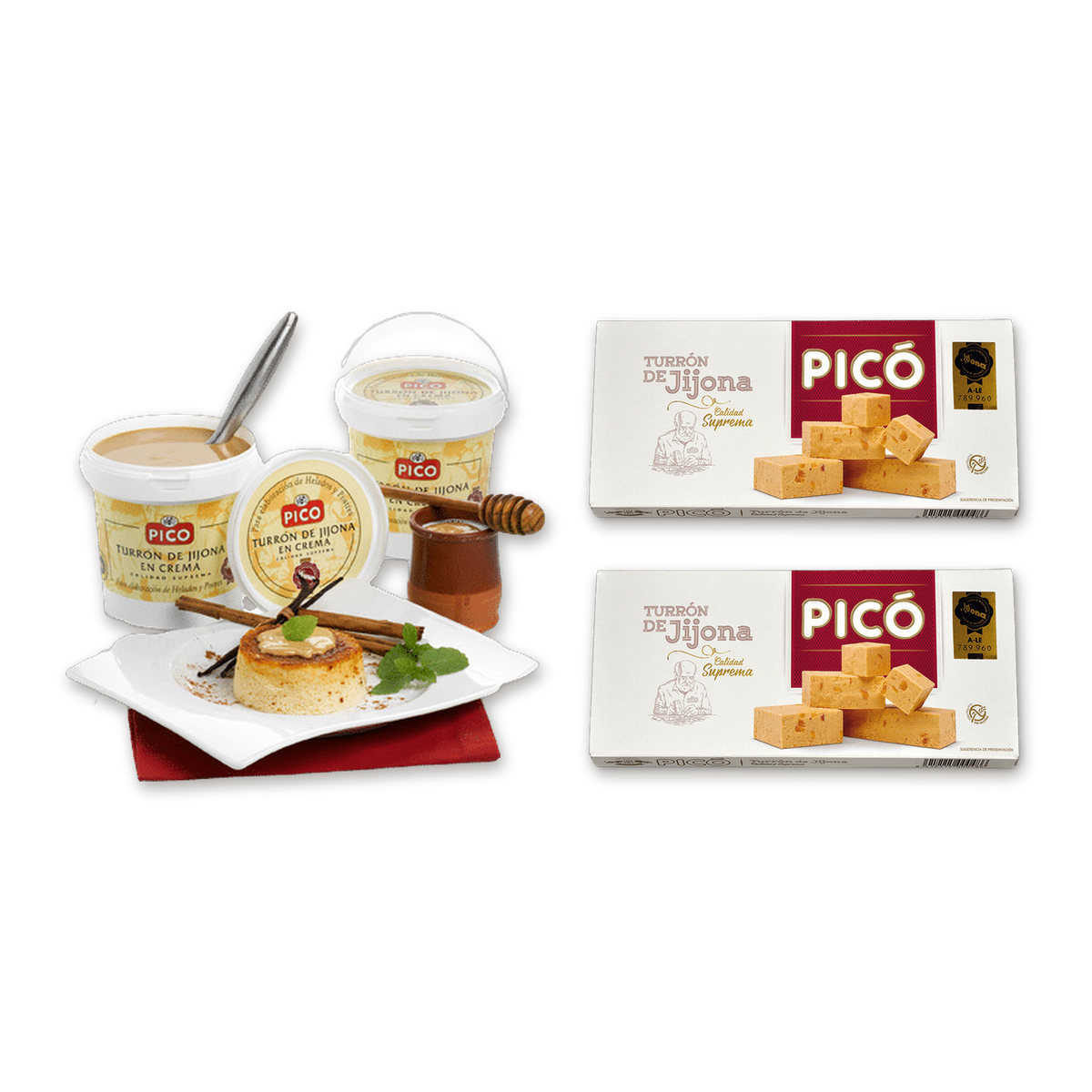 Pack Cocina con Turrón de Picó: Turrón de Jijona en Crema con sugerencia de presentación (flan de turrón) y dos tabletas de Turrón de Jijona Calidad Suprema