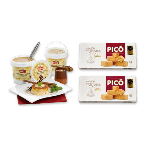 Pack Cocina con Turrón de Picó: Turrón de Jijona en Crema con sugerencia de presentación (flan de turrón) y dos tabletas de Turrón de Jijona Calidad Suprema