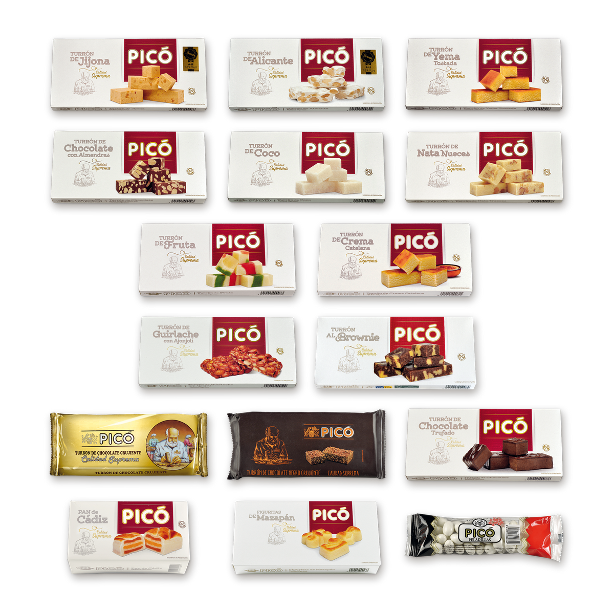 Pack Gran Navidad de Picó: 16 turrones y dulces, de Jijona, Alicante, Yema, Chocolate con Almendras, Coco, Nata Nueces, Fruta, Crema Catalana, Guirlache, Brownie, chocolates crujientes y trufado, Pan de Cádiz, Figuritas de Mazapán y Peladillas
